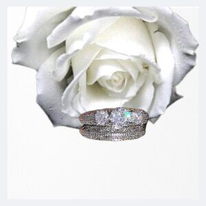 NWT 2 PIECE SET 925 3 Round Cut Past Present Future Engagement Ring & Pave' Ring